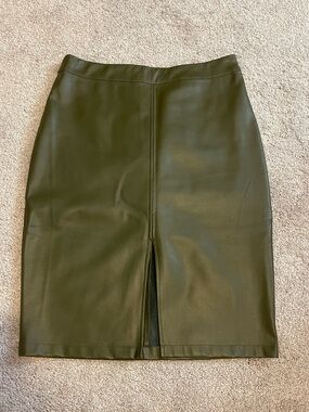Olive Green Faux Leather Pencil Skirt with Center Front Slit